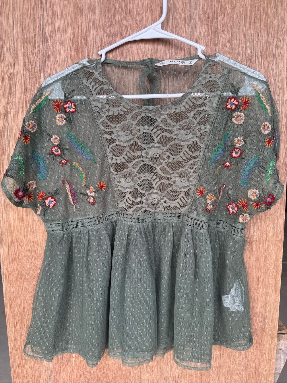Zara Olive Green Floral Embroidered Lace Overlay Babydoll Blouse